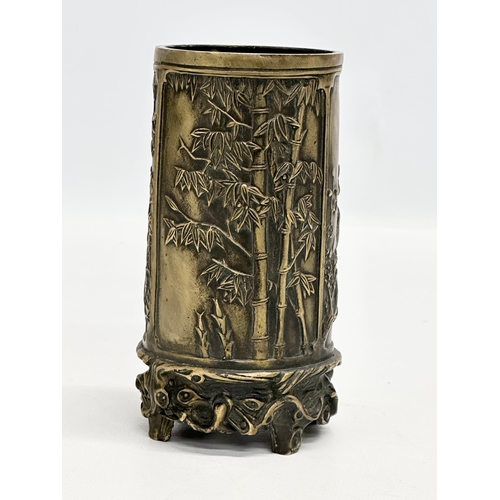 68 - A Late 19th Century Chinese brass brush pot, with bamboo style base and moulded birds in flight. 14.... 