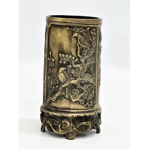 68 - A Late 19th Century Chinese brass brush pot, with bamboo style base and moulded birds in flight. 14.... 