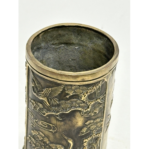 68 - A Late 19th Century Chinese brass brush pot, with bamboo style base and moulded birds in flight. 14.... 