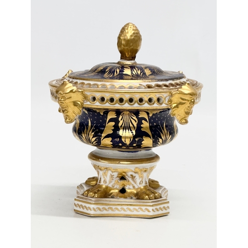 84 - Early Crown Derby. An Early 19th Century gilt potpourri pot with cover. With acorn handle, mask rims... 