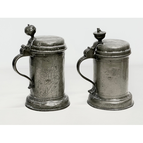 55 - Two rare Mid 18th Century German engraved pewter tankards. Signed and dated. 1746/1763. Makers mark ... 