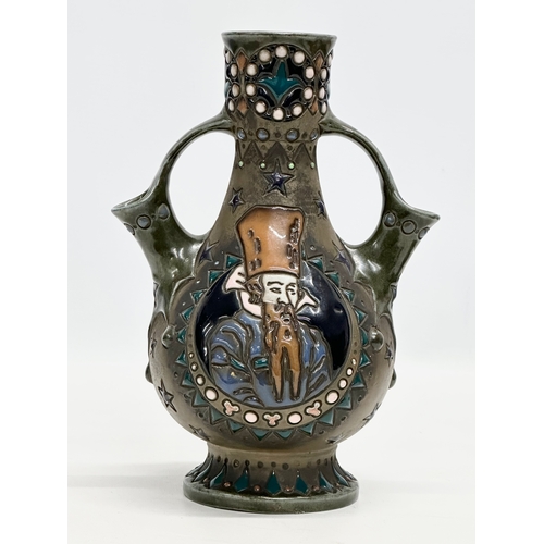 19 - Riessner, Stellmacher & Kessel. An Amphora Art Nouveau glazed 3 spout vase. Austria. Early 20th Cent... 