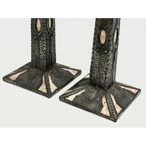 95 - A pair of tall Early 20th Century Art Nouveau pewter and mother of pearl candlesticks. Circa 1900. 1... 