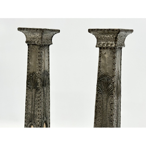 95 - A pair of tall Early 20th Century Art Nouveau pewter and mother of pearl candlesticks. Circa 1900. 1... 