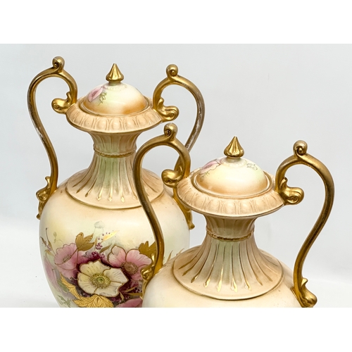 132 - William Adams. A pair of large Late 19th Century Crown Semi Porcelain baluster urns with covers. Han... 