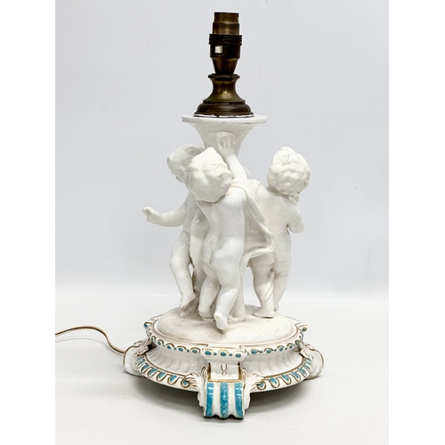 83 - A Late 19th Century Italian 3 putti table lamp, with a serpentine style column on a 2 tier gilt and ... 