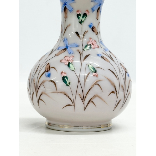 134 - A Late 19th Century hand painted enamel opaline glass vase, with pink interior and ripple curved rim... 