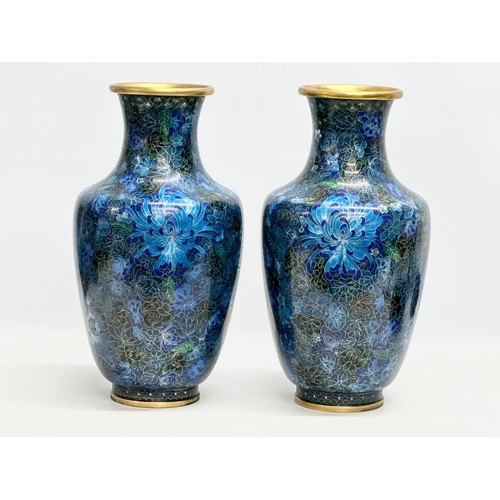 63 - A pair of large Mid 20th Century Chinese cloisonné enamel baluster vases on stands. 20x45cm on stand... 