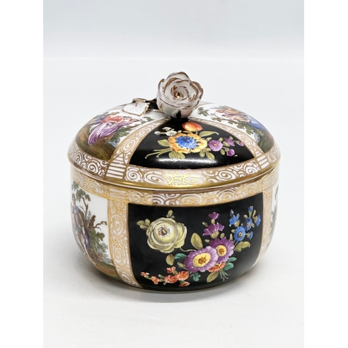 138 - Augustus Rex. A Late 19th Century hand painted porcelain trinket box with cover and rose handle. 10.... 