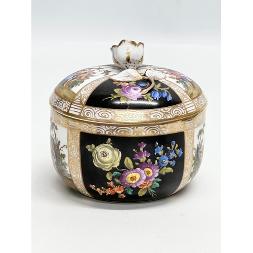 138 - Augustus Rex. A Late 19th Century hand painted porcelain trinket box with cover and rose handle. 10.... 