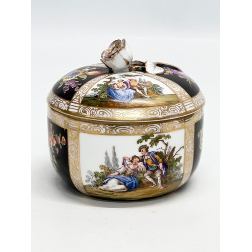 138 - Augustus Rex. A Late 19th Century hand painted porcelain trinket box with cover and rose handle. 10.... 