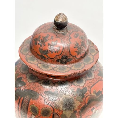 76 - A large 19th Century Chinese painted papier mache baluster pot with cover. 28x46cm