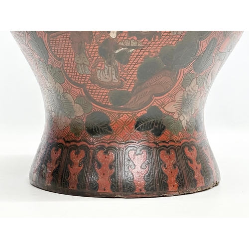 76 - A large 19th Century Chinese painted papier mache baluster pot with cover. 28x46cm