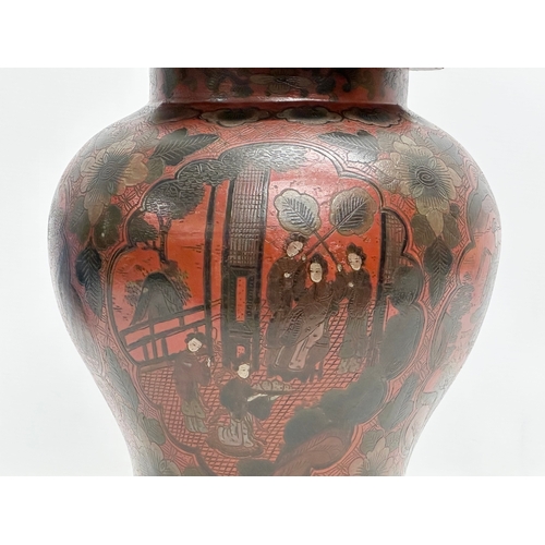 76 - A large 19th Century Chinese painted papier mache baluster pot with cover. 28x46cm