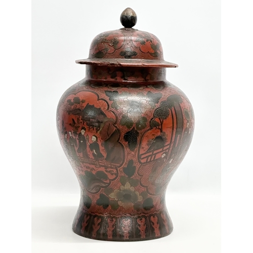 76 - A large 19th Century Chinese painted papier mache baluster pot with cover. 28x46cm