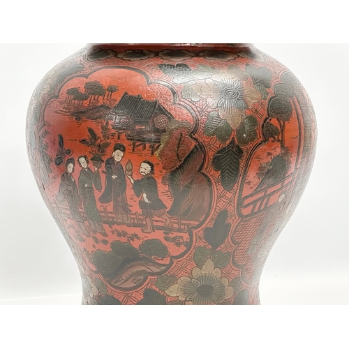 76 - A large 19th Century Chinese painted papier mache baluster pot with cover. 28x46cm