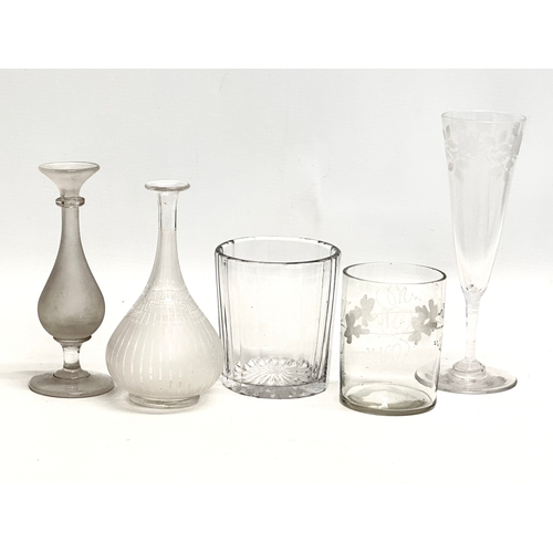 169 - A collection of 19th Century glassware. A small Late 19th Century etched glass decanter with Greek K... 