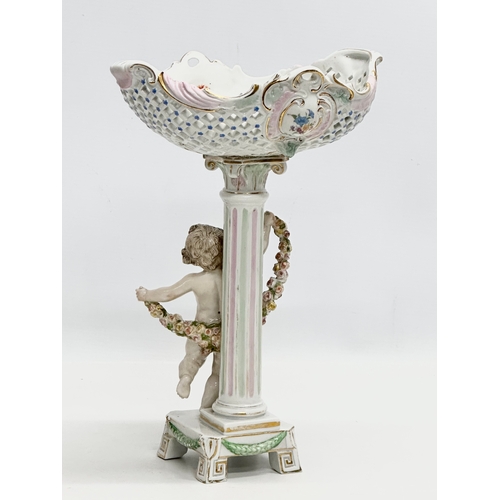 80 - A Late 19th Century German hand painted pottery figural, reticulated compote. 21x18x31cm.