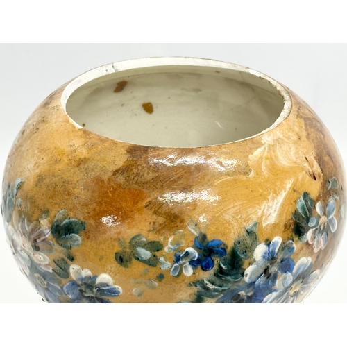 113 - A Late 19th Century French hand painted pottery bowl on a gilt bronze base. 18x18x22cm.