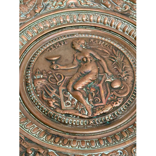 31 - Elkington & Co. A Late 19th Century copper and brass centrepiece tazza, with classical design relief... 