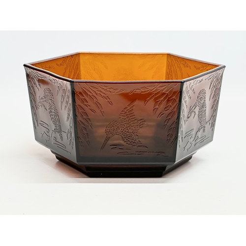 267 - A 1930’s Art Deco amber glass “Kingfisher” bowl. By Sherdley Glass. 24x21x12cm.