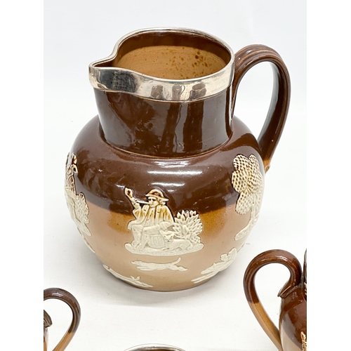 284 - Silver mounted. Four pieces of Late 19th Century Doulton Lambeth Harvest jugs and bowls, with silver... 