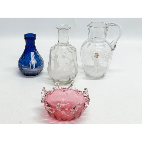 323 - A collection of 19th Century Victorian glassware. A near pair of Victorian water jugs 19cm, 17cm. Ma... 