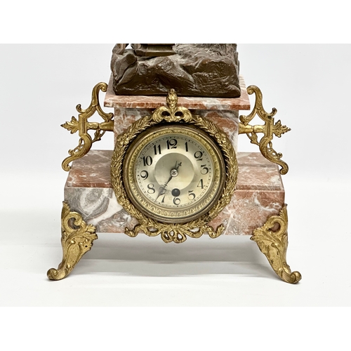 32 - A large Late 19th Century three piece French marble and bronzed spelter figural clock set, with gilt... 