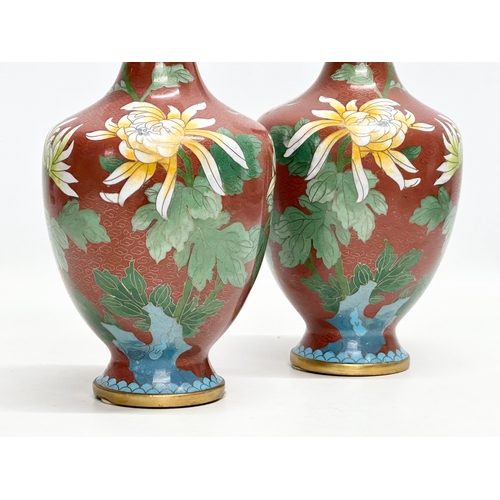 364 - A pair of Mid 20th Century cloisonné enamel vases. 24cm