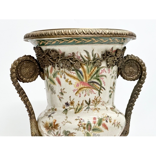 377 - Wong Lee 1895. Two large pieces of Late 20th Century brass mounted pottery. A footed centre piece 32... 