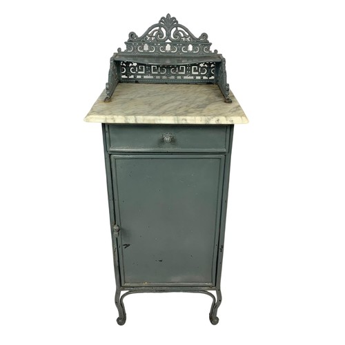 356 - A late 19th century French metal bedside cabinet with marble top and ornate gallery. 43.5 x 38 x 105... 