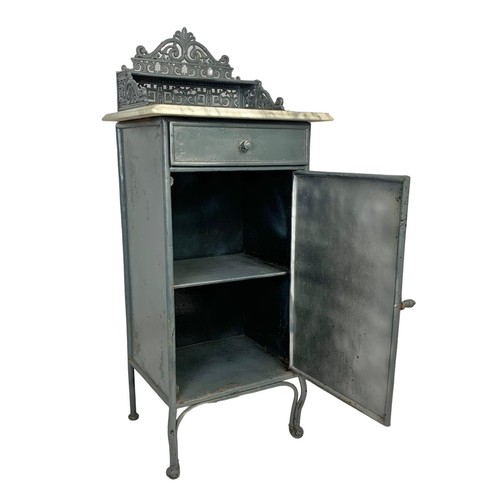 356 - A late 19th century French metal bedside cabinet with marble top and ornate gallery. 43.5 x 38 x 105... 