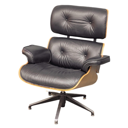 10 - A Charles & Ray Eames style swivel armchair and ottoman. Mid Century style.