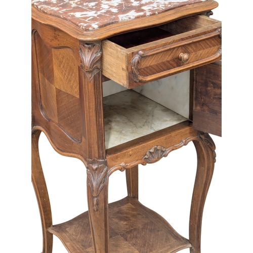 225 - A Late 19th Century French fruit wood bedside cabinet / side cupboard with marble top and Cabriole l... 