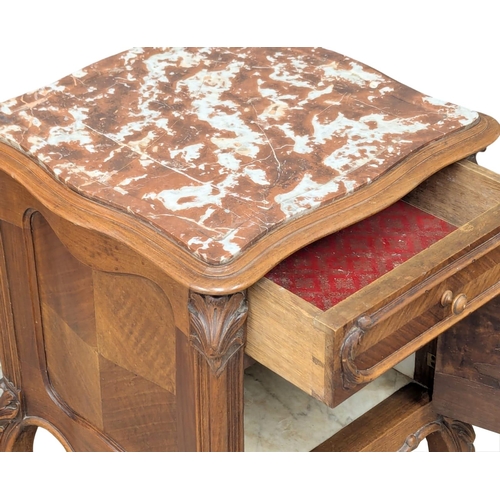 225 - A Late 19th Century French fruit wood bedside cabinet / side cupboard with marble top and Cabriole l... 