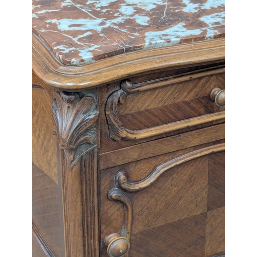 225 - A Late 19th Century French fruit wood bedside cabinet / side cupboard with marble top and Cabriole l... 