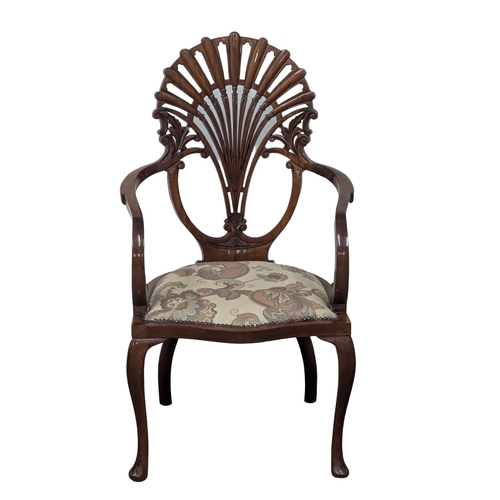 319 - An Edwardian period fan back mahogany armchair on cabriole legs in the 18th century style. 1