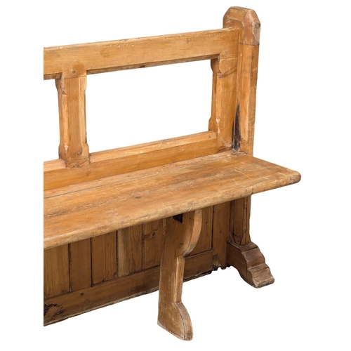 53 - A 19th Century Victorian pine folding bench in the gothic style. 168cm. 5