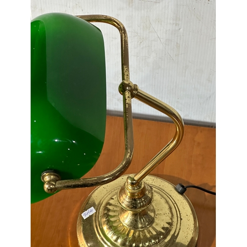3 - A brass desk lamp with glass shade.