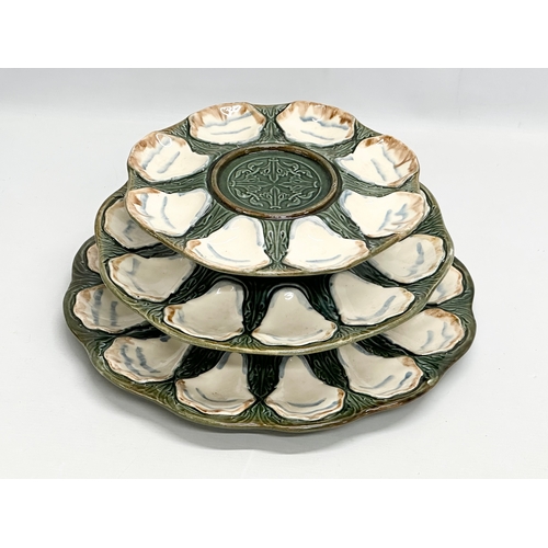 51 - A large rare French 3 tier majolica oyster serving stand. Longchamp Terre De Ter. Number 1228. 35x17... 