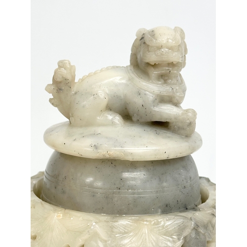 59 - A 19th Century Chinese carved jade, tripod incense burner. With carved Foo Dog cover, elephant ring ... 