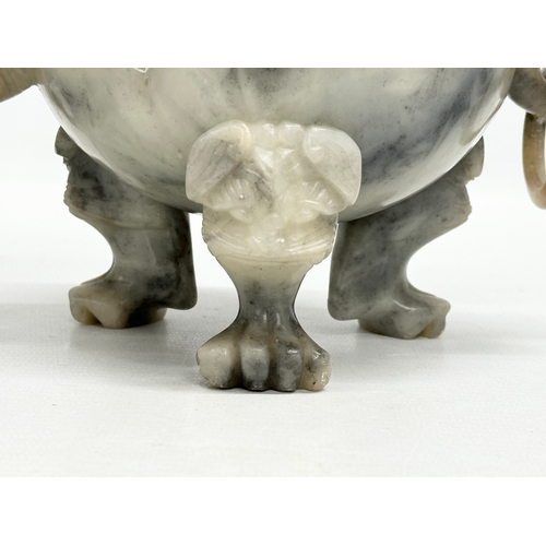 59 - A 19th Century Chinese carved jade, tripod incense burner. With carved Foo Dog cover, elephant ring ... 