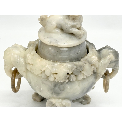 59 - A 19th Century Chinese carved jade, tripod incense burner. With carved Foo Dog cover, elephant ring ... 