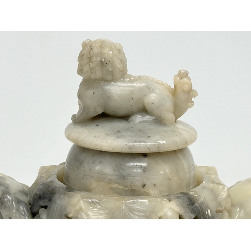 59 - A 19th Century Chinese carved jade, tripod incense burner. With carved Foo Dog cover, elephant ring ... 