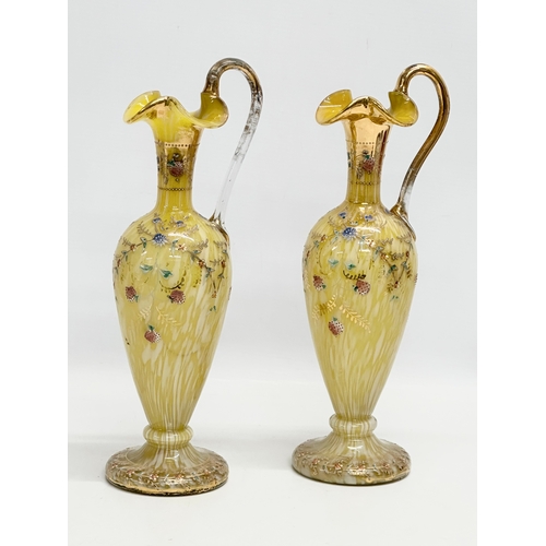 141 - A pair of tall Late 19th Century Bohemian hand painted enamel splatter glass ewer style vases. 30.5c... 