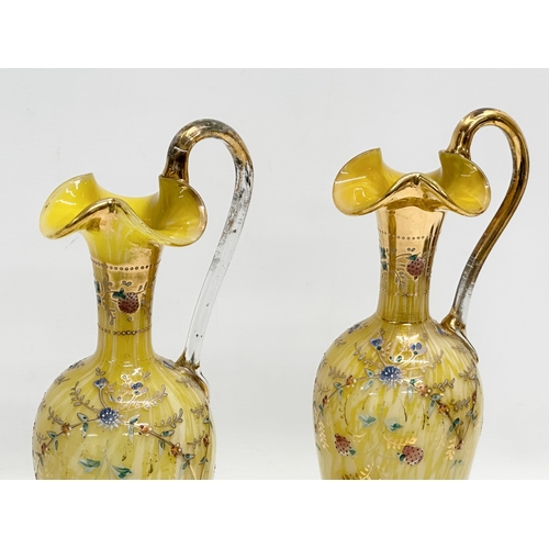 141 - A pair of tall Late 19th Century Bohemian hand painted enamel splatter glass ewer style vases. 30.5c... 