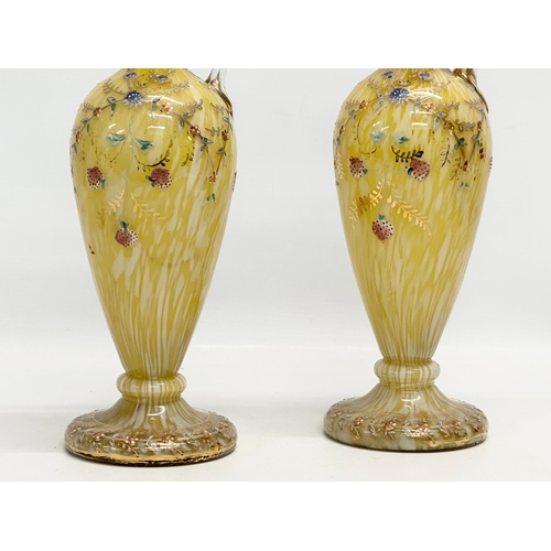 141 - A pair of tall Late 19th Century Bohemian hand painted enamel splatter glass ewer style vases. 30.5c... 