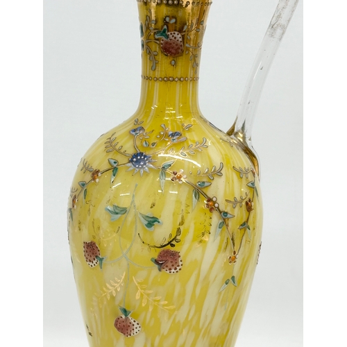 141 - A pair of tall Late 19th Century Bohemian hand painted enamel splatter glass ewer style vases. 30.5c... 