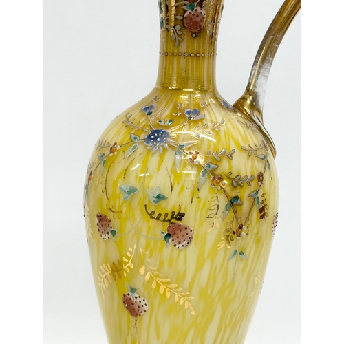 141 - A pair of tall Late 19th Century Bohemian hand painted enamel splatter glass ewer style vases. 30.5c... 