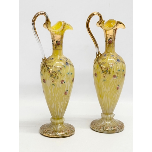 141 - A pair of tall Late 19th Century Bohemian hand painted enamel splatter glass ewer style vases. 30.5c... 